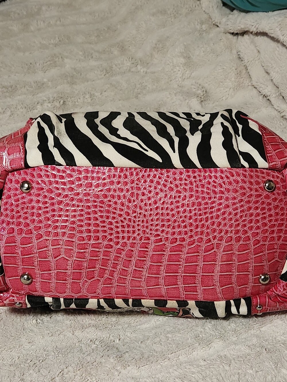 Y2K Zebra Print Satchel Bag Tattoo Heart Crown Pink Croc Trim Rhinestone Studded - Picture 3 of 12